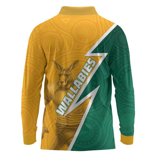 Australia Wallabies Kangaroo Long Sleeve Polo Shirt Australia Flag And Lightning Bolt - Aboriginal Rugby Mascot