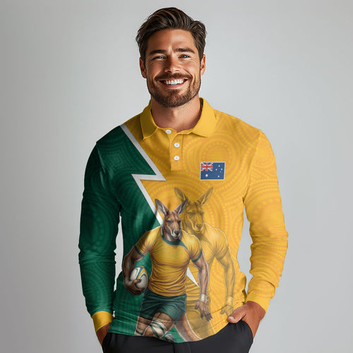 Australia Wallabies Kangaroo Long Sleeve Polo Shirt Australia Flag And Lightning Bolt - Aboriginal Rugby Mascot