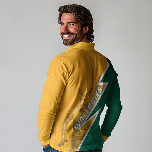 Australia Wallabies Kangaroo Long Sleeve Polo Shirt Australia Flag And Lightning Bolt - Aboriginal Rugby Mascot