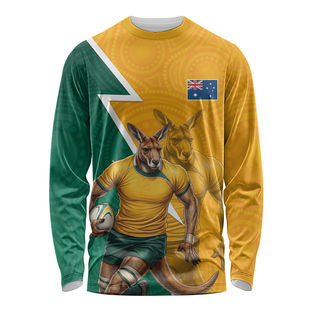 Australia Wallabies Kangaroo Long Sleeve Shirt Australia Flag And Lightning Bolt - Aboriginal Rugby Mascot