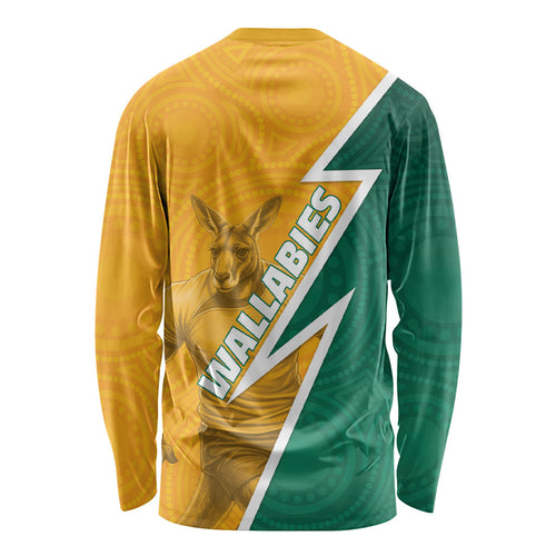 Australia Wallabies Kangaroo Long Sleeve Shirt Australia Flag And Lightning Bolt - Aboriginal Rugby Mascot