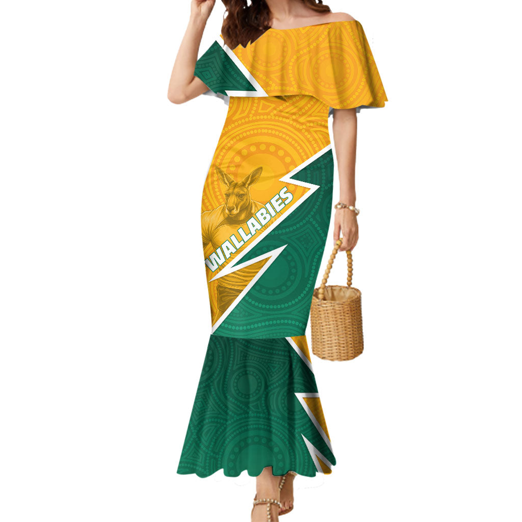 Australia Wallabies Kangaroo Mermaid Dress Australia Flag And Lightning Bolt - Aboriginal Rugby Mascot