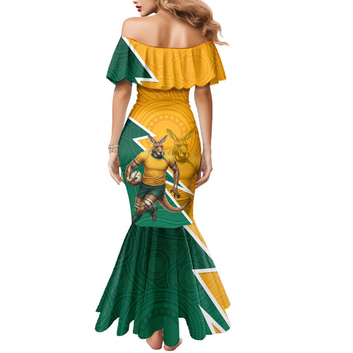 Australia Wallabies Kangaroo Mermaid Dress Australia Flag And Lightning Bolt - Aboriginal Rugby Mascot
