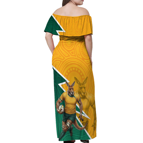 Australia Wallabies Kangaroo Off Shoulder Maxi Dress Australia Flag And Lightning Bolt - Aboriginal Rugby Mascot