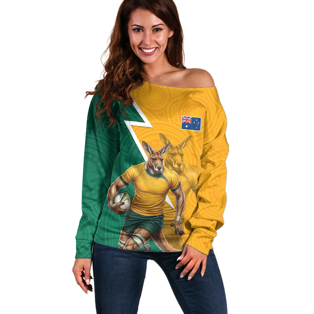 Australia Wallabies Kangaroo Off Shoulder Sweater Australia Flag And Lightning Bolt - Aboriginal Rugby Mascot