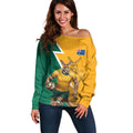 Australia Wallabies Kangaroo Off Shoulder Sweater Australia Flag And Lightning Bolt - Aboriginal Rugby Mascot