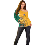 Australia Wallabies Kangaroo Off Shoulder Sweater Australia Flag And Lightning Bolt - Aboriginal Rugby Mascot