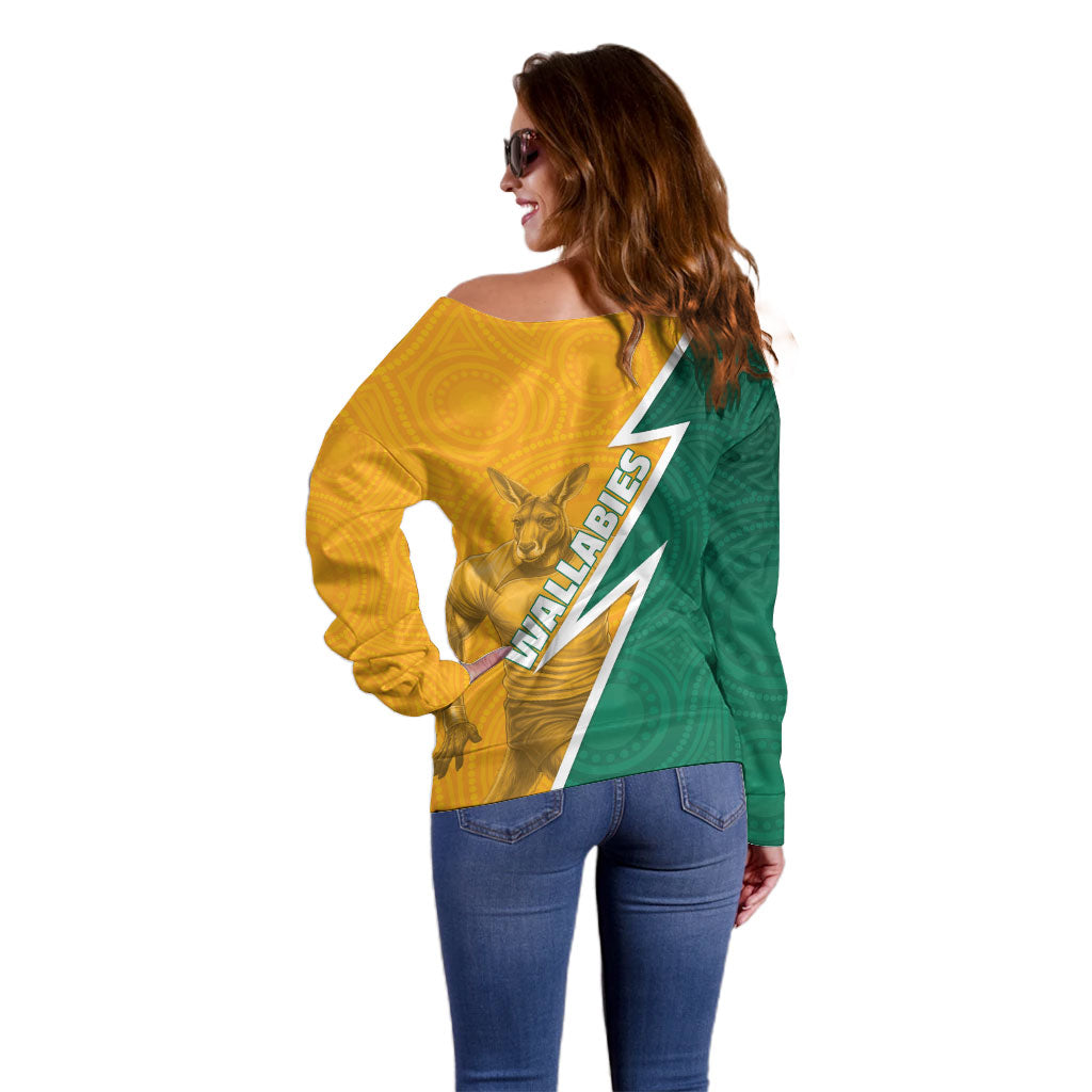 Australia Wallabies Kangaroo Off Shoulder Sweater Australia Flag And Lightning Bolt - Aboriginal Rugby Mascot