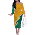 Australia Wallabies Kangaroo Off The Shoulder Long Sleeve Dress Australia Flag And Lightning Bolt - Aboriginal Rugby Mascot