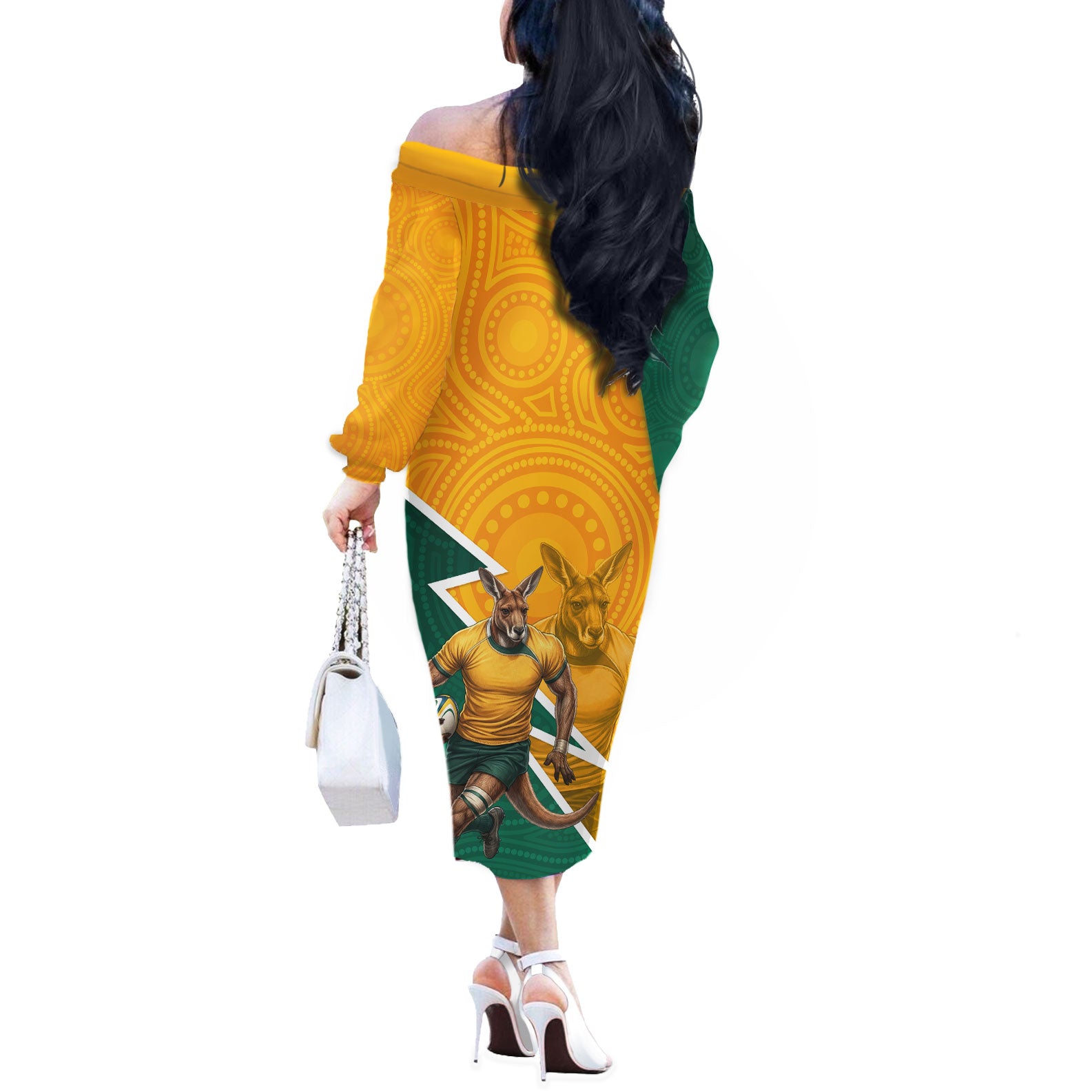 Australia Wallabies Kangaroo Off The Shoulder Long Sleeve Dress Australia Flag And Lightning Bolt - Aboriginal Rugby Mascot
