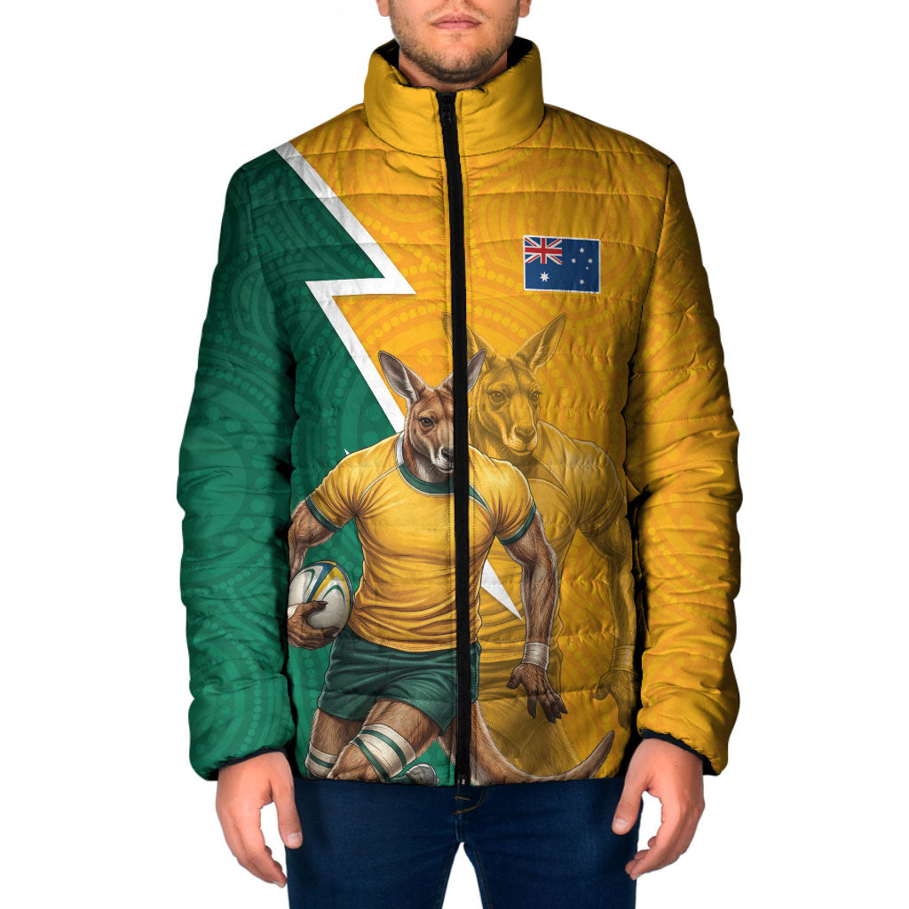 Australia Wallabies Kangaroo Padded Jacket Australia Flag And Lightning Bolt - Aboriginal Rugby Mascot