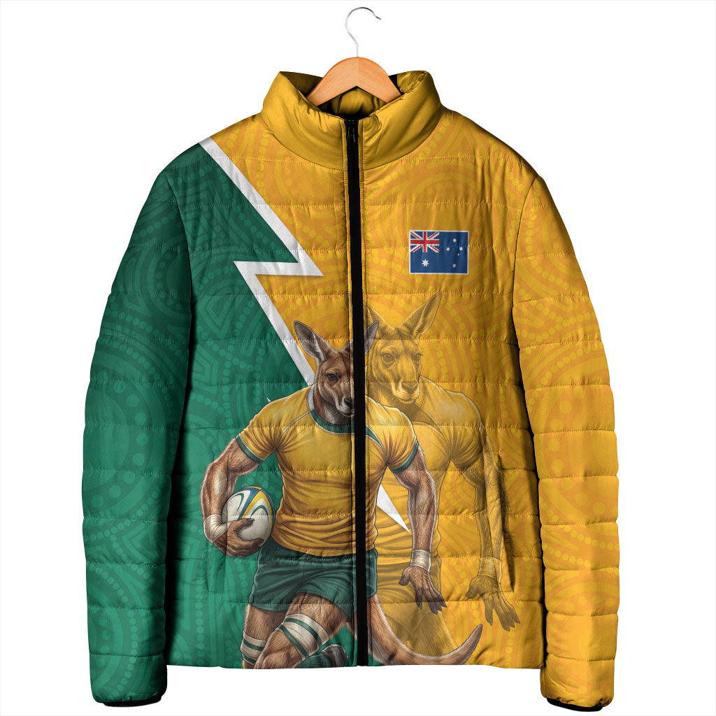 Australia Wallabies Kangaroo Padded Jacket Australia Flag And Lightning Bolt - Aboriginal Rugby Mascot