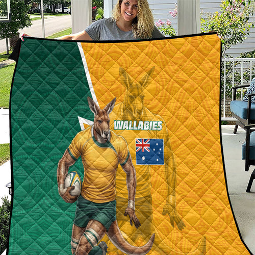Australia Wallabies Kangaroo Quilt Australia Flag And Lightning Bolt - Aboriginal Rugby Mascot