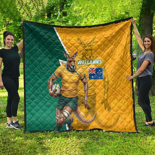 Australia Wallabies Kangaroo Quilt Australia Flag And Lightning Bolt - Aboriginal Rugby Mascot