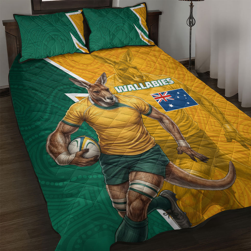 Australia Wallabies Kangaroo Quilt Bed Set Australia Flag And Lightning Bolt - Aboriginal Rugby Mascot