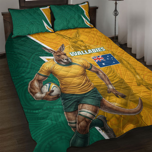 Australia Wallabies Kangaroo Quilt Bed Set Australia Flag And Lightning Bolt - Aboriginal Rugby Mascot