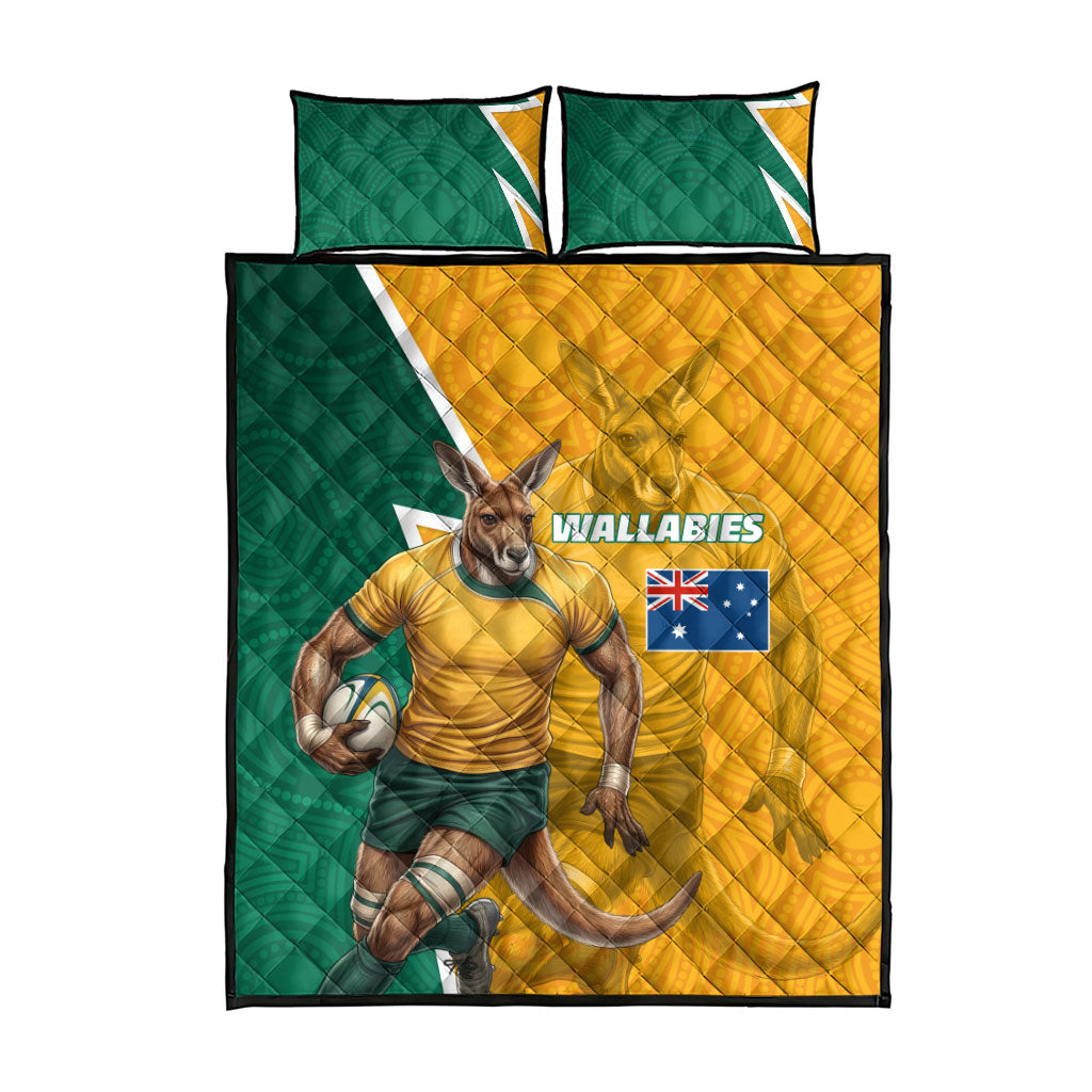 Australia Wallabies Kangaroo Quilt Bed Set Australia Flag And Lightning Bolt - Aboriginal Rugby Mascot