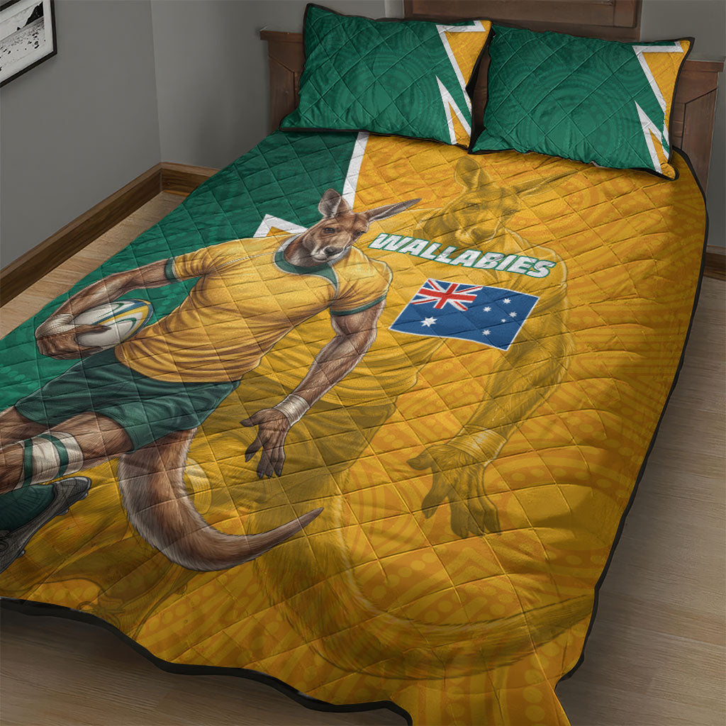 Australia Wallabies Kangaroo Quilt Bed Set Australia Flag And Lightning Bolt - Aboriginal Rugby Mascot