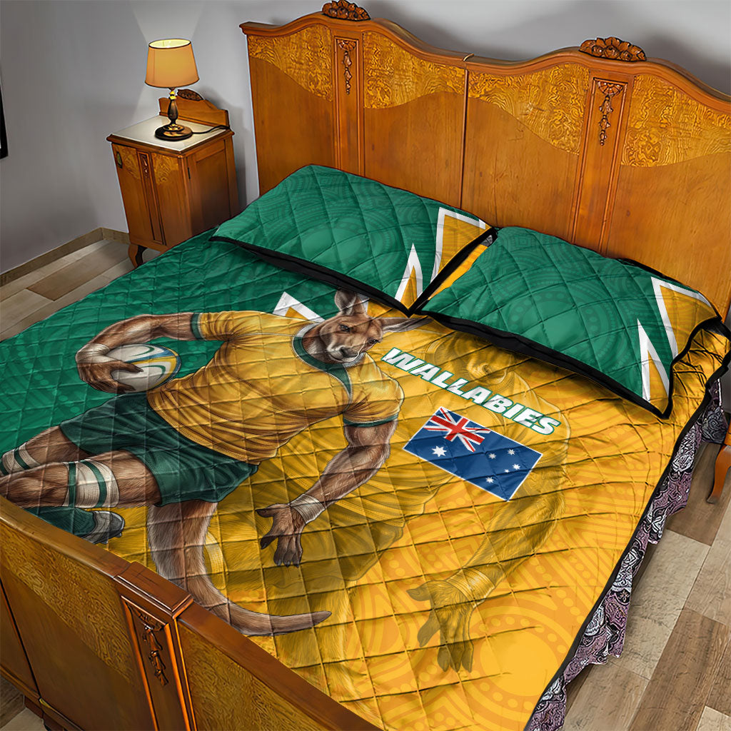 Australia Wallabies Kangaroo Quilt Bed Set Australia Flag And Lightning Bolt - Aboriginal Rugby Mascot