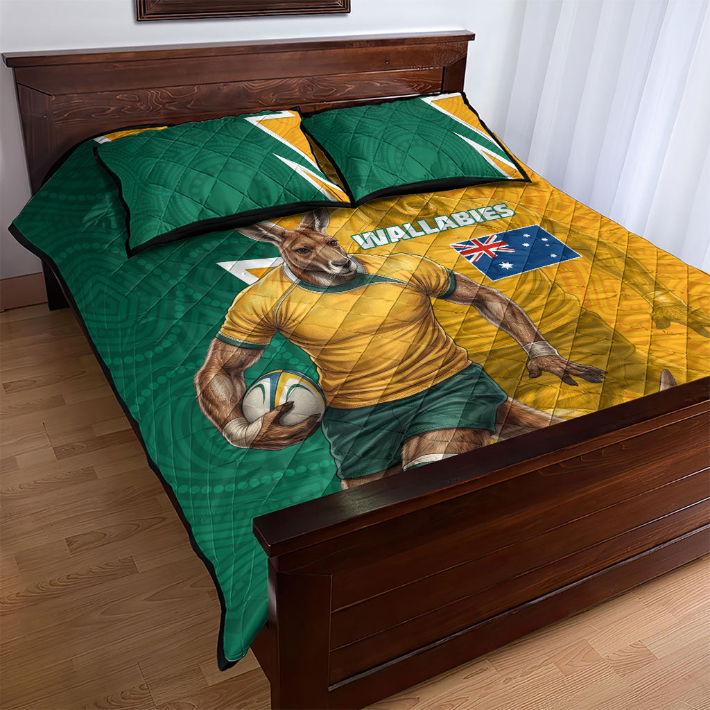Australia Wallabies Kangaroo Quilt Bed Set Australia Flag And Lightning Bolt - Aboriginal Rugby Mascot