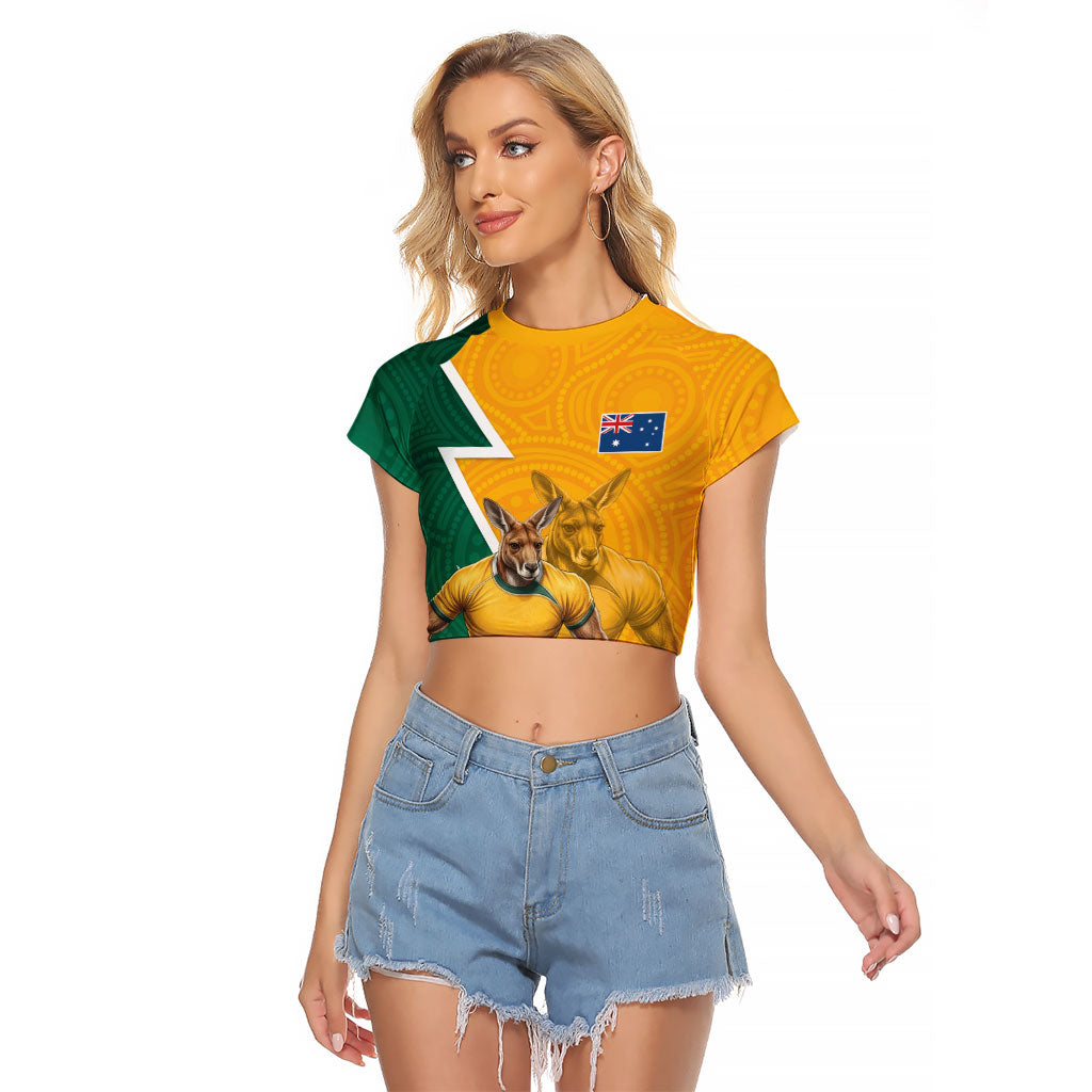 Australia Wallabies Kangaroo Raglan Cropped T Shirt Australia Flag And Lightning Bolt - Aboriginal Rugby Mascot