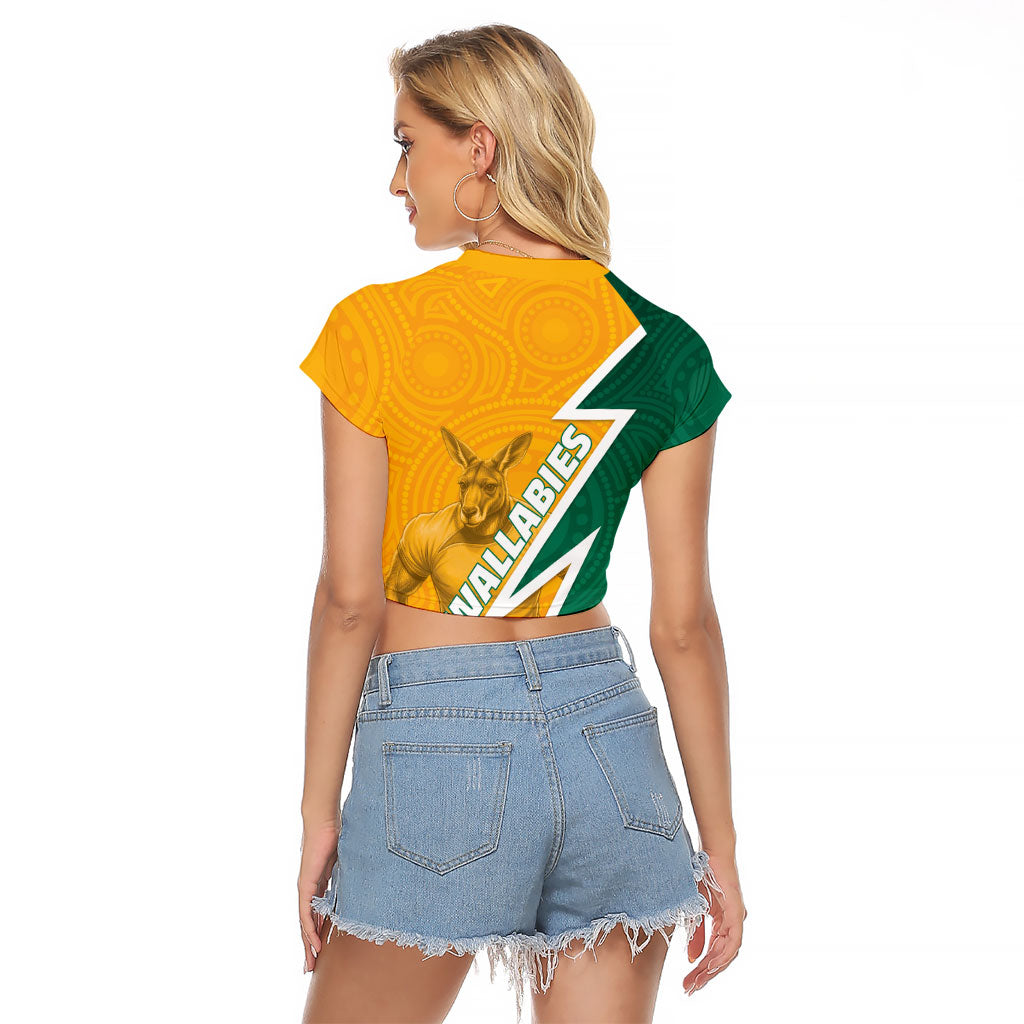 Australia Wallabies Kangaroo Raglan Cropped T Shirt Australia Flag And Lightning Bolt - Aboriginal Rugby Mascot