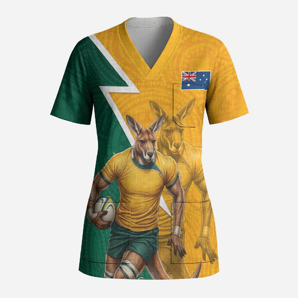Australia Wallabies Kangaroo Scrub Top Australia Flag And Lightning Bolt - Aboriginal Rugby Mascot