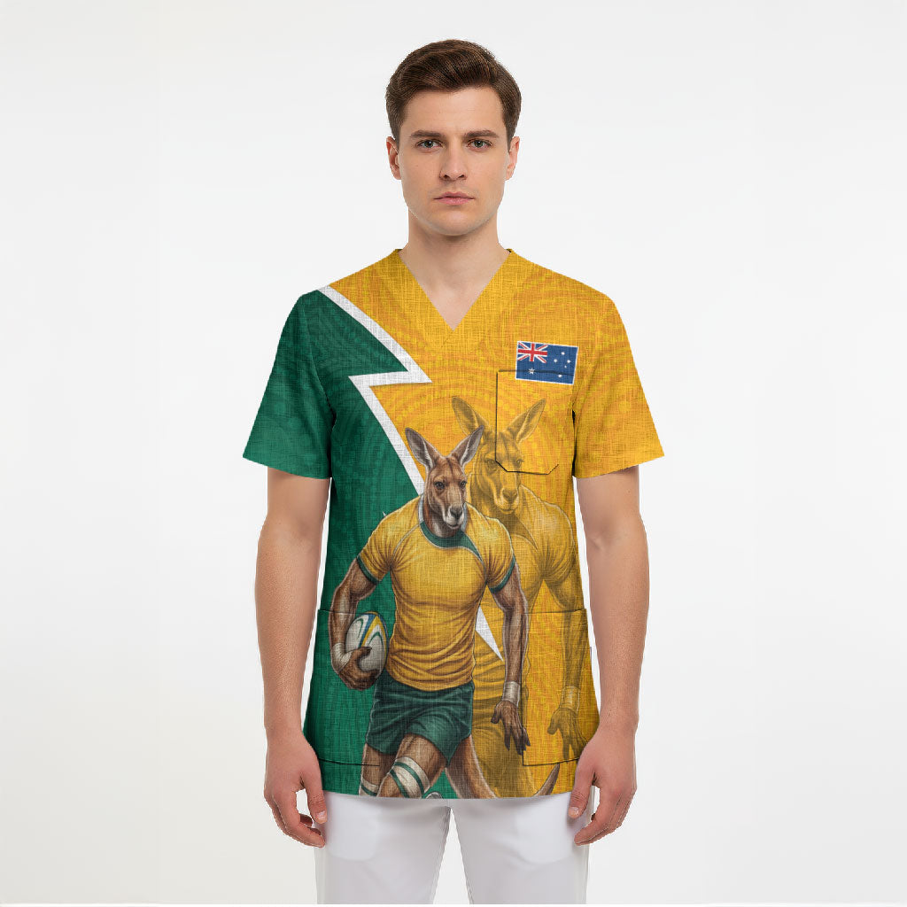 Australia Wallabies Kangaroo Scrub Top Australia Flag And Lightning Bolt - Aboriginal Rugby Mascot