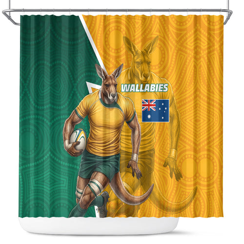 Australia Wallabies Kangaroo Shower Curtain Australia Flag And Lightning Bolt - Aboriginal Rugby Mascot