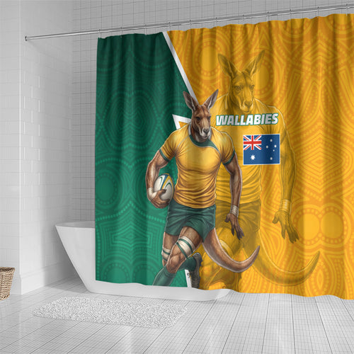 Australia Wallabies Kangaroo Shower Curtain Australia Flag And Lightning Bolt - Aboriginal Rugby Mascot
