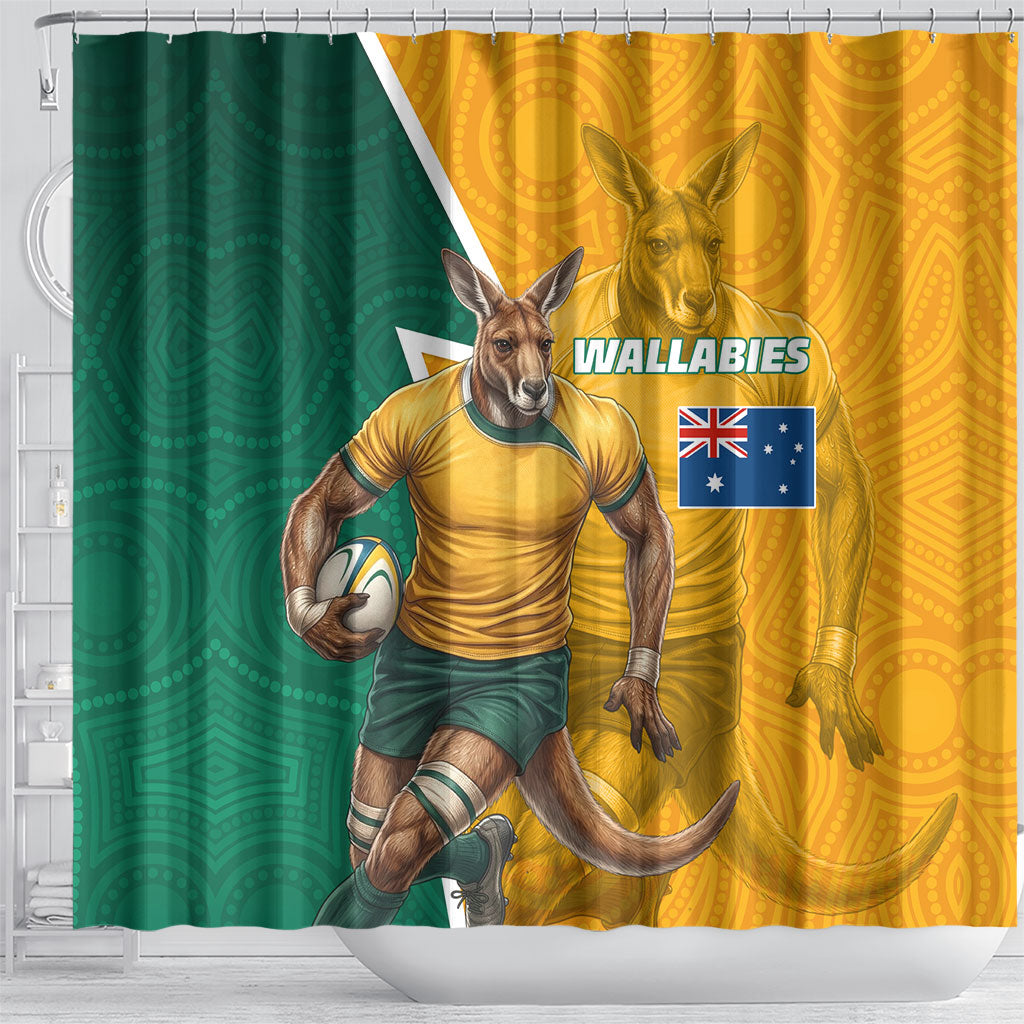 Australia Wallabies Kangaroo Shower Curtain Australia Flag And Lightning Bolt - Aboriginal Rugby Mascot