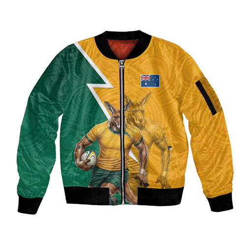 Australia Wallabies Kangaroo Sleeve Zip Bomber Jacket Australia Flag And Lightning Bolt - Aboriginal Rugby Mascot