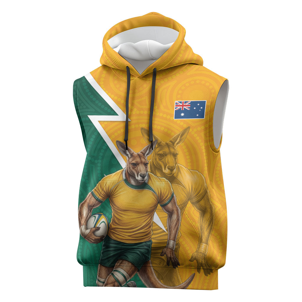 Australia Wallabies Kangaroo Sleeveless Hoodie Australia Flag And Lightning Bolt - Aboriginal Rugby Mascot