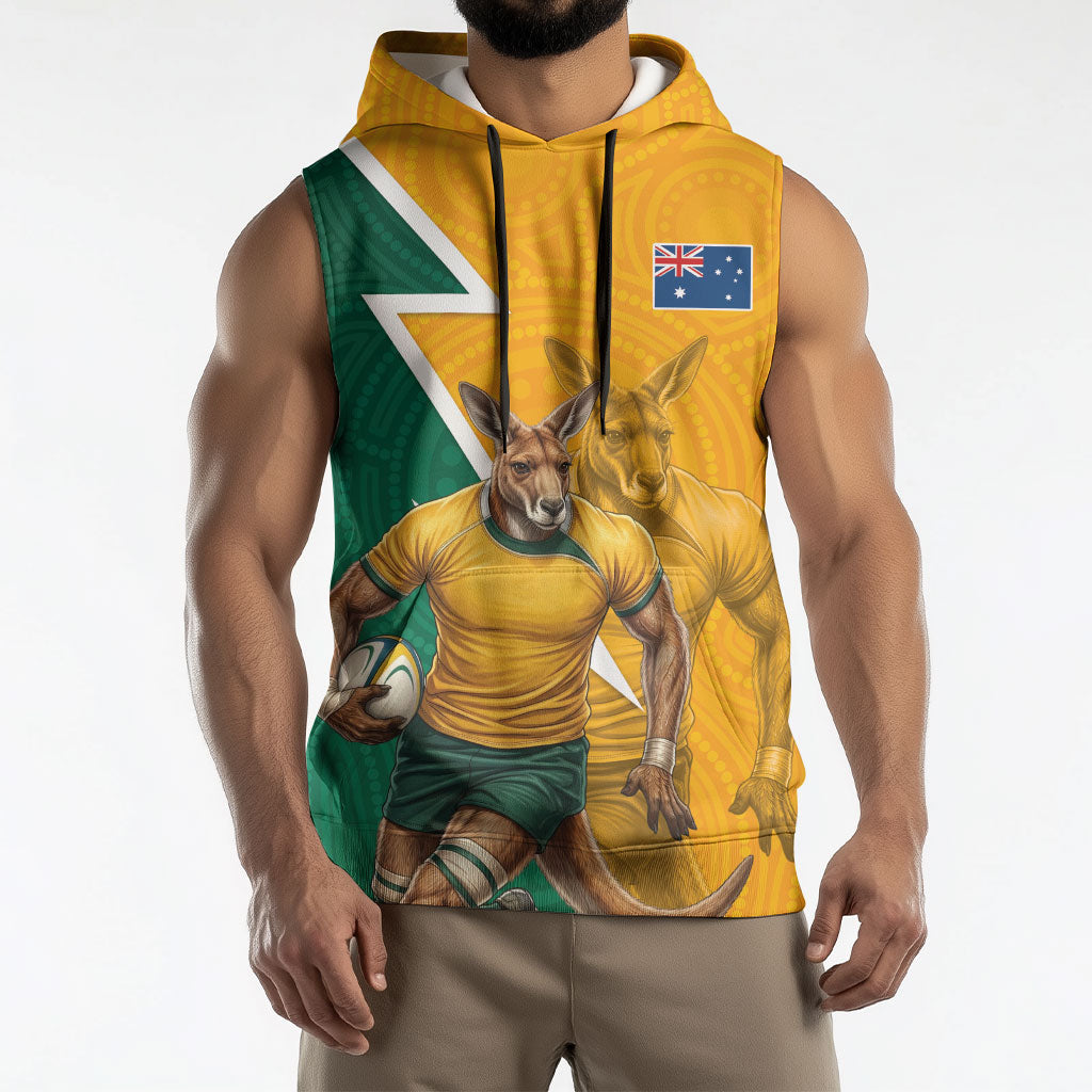 Australia Wallabies Kangaroo Sleeveless Hoodie Australia Flag And Lightning Bolt - Aboriginal Rugby Mascot