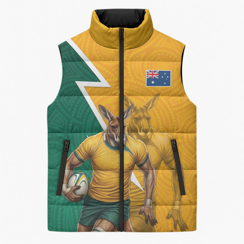 Australia Wallabies Kangaroo Sleeveless Puffer Jacket Australia Flag And Lightning Bolt - Aboriginal Rugby Mascot