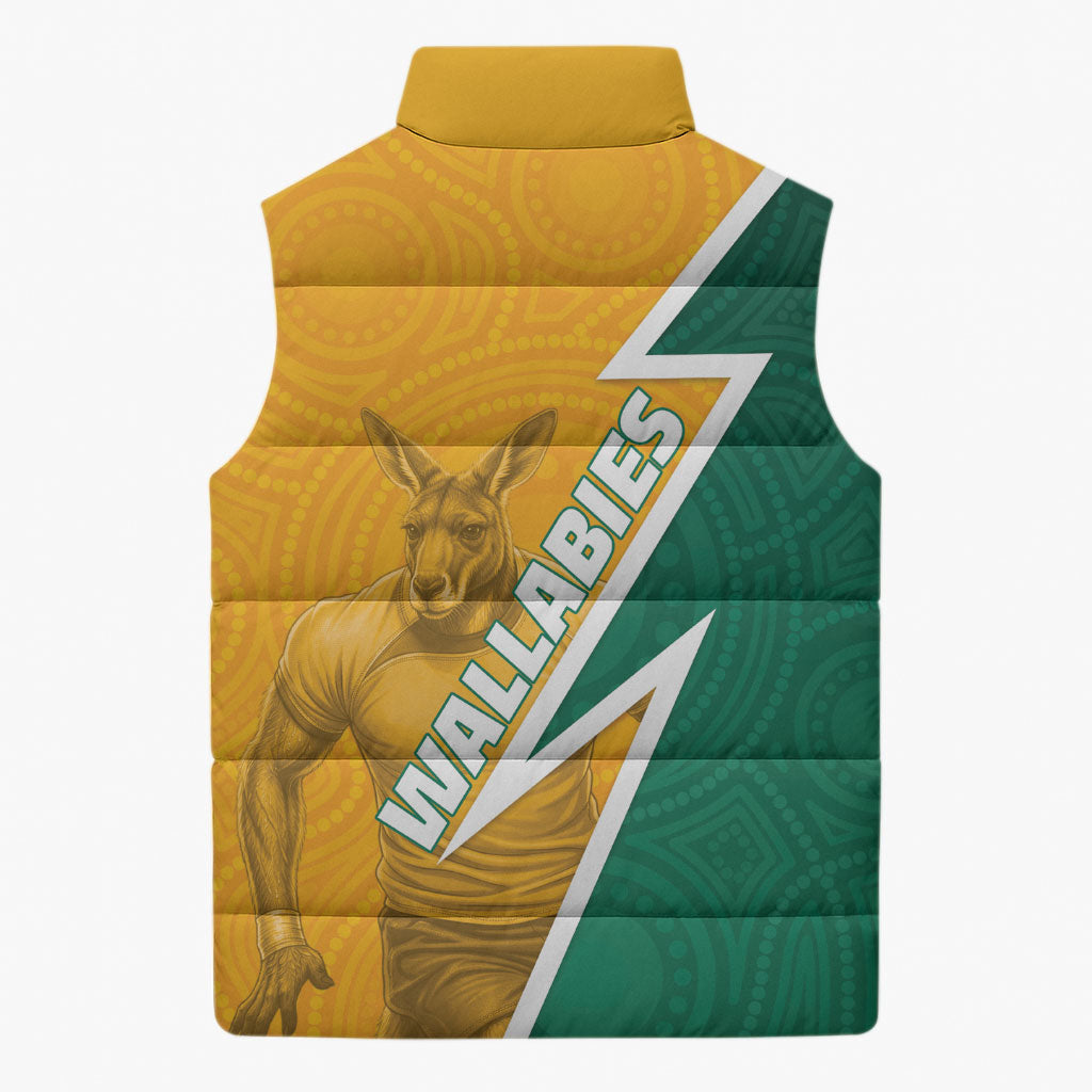 Australia Wallabies Kangaroo Sleeveless Puffer Jacket Australia Flag And Lightning Bolt - Aboriginal Rugby Mascot