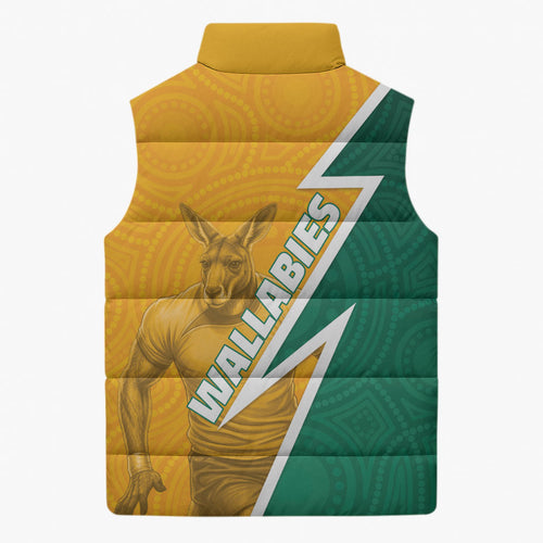 Australia Wallabies Kangaroo Sleeveless Puffer Jacket Australia Flag And Lightning Bolt - Aboriginal Rugby Mascot