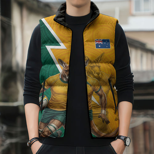 Australia Wallabies Kangaroo Sleeveless Puffer Jacket Australia Flag And Lightning Bolt - Aboriginal Rugby Mascot