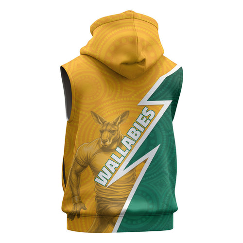Australia Wallabies Kangaroo Sleeveless Zip Hoodie Australia Flag And Lightning Bolt - Aboriginal Rugby Mascot