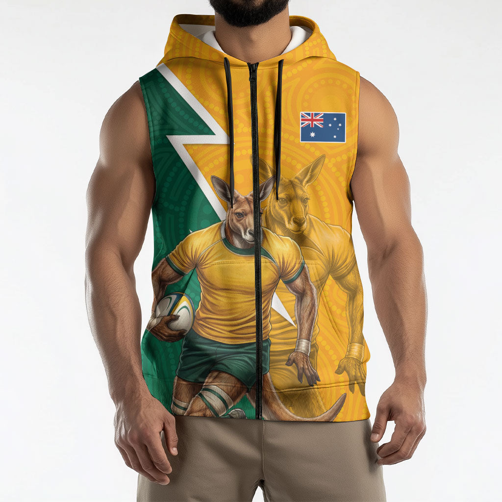 Australia Wallabies Kangaroo Sleeveless Zip Hoodie Australia Flag And Lightning Bolt - Aboriginal Rugby Mascot