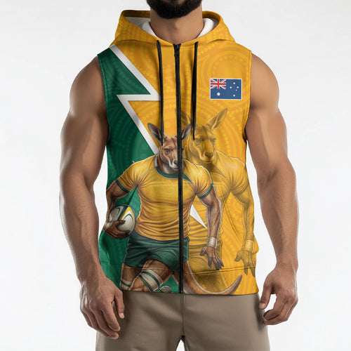 Australia Wallabies Kangaroo Sleeveless Zip Hoodie Australia Flag And Lightning Bolt - Aboriginal Rugby Mascot