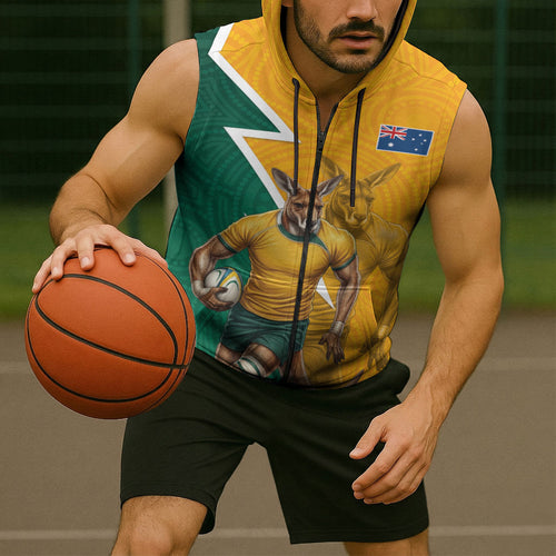 Australia Wallabies Kangaroo Sleeveless Zip Hoodie Australia Flag And Lightning Bolt - Aboriginal Rugby Mascot