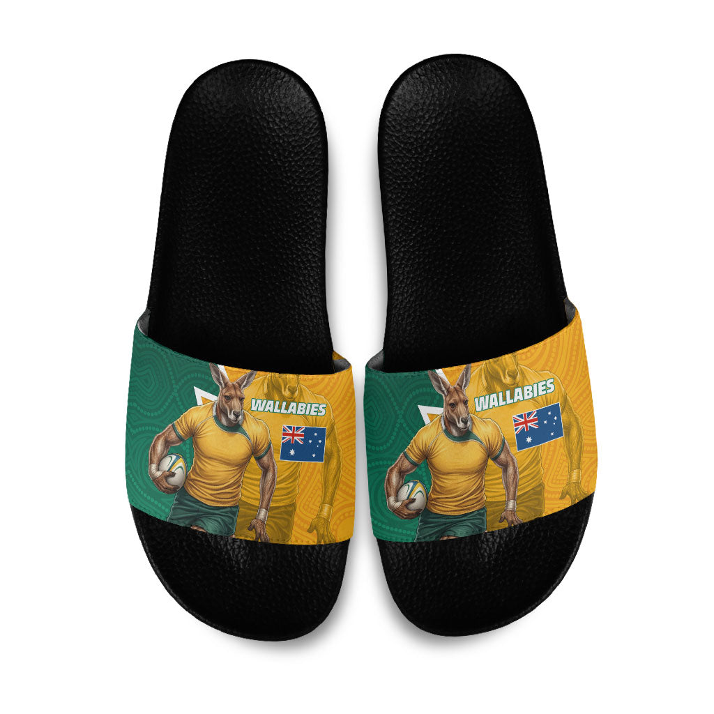 Australia Wallabies Kangaroo Slide Sandals Australia Flag And Lightning Bolt - Aboriginal Rugby Mascot