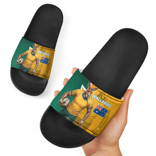 Australia Wallabies Kangaroo Slide Sandals Australia Flag And Lightning Bolt - Aboriginal Rugby Mascot