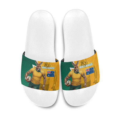 Australia Wallabies Kangaroo Slide Sandals Australia Flag And Lightning Bolt - Aboriginal Rugby Mascot