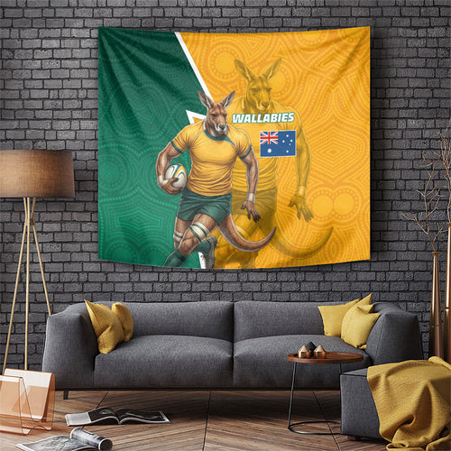 Australia Wallabies Kangaroo Tapestry Australia Flag And Lightning Bolt - Aboriginal Rugby Mascot