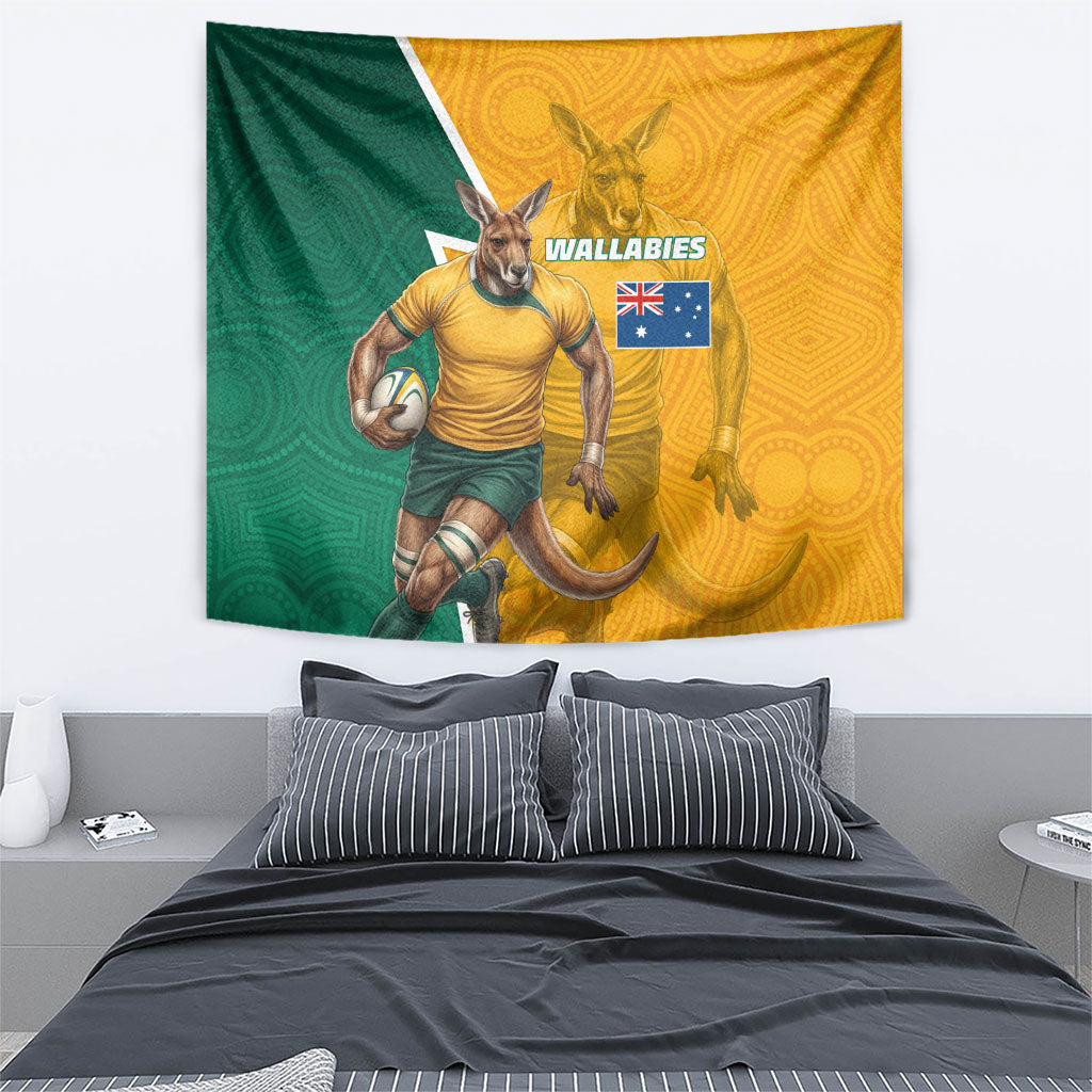 Australia Wallabies Kangaroo Tapestry Australia Flag And Lightning Bolt - Aboriginal Rugby Mascot