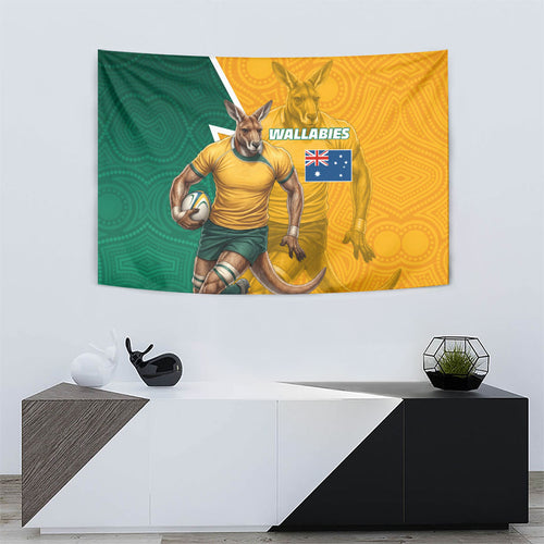 Australia Wallabies Kangaroo Tapestry Australia Flag And Lightning Bolt - Aboriginal Rugby Mascot
