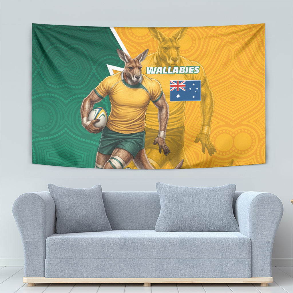 Australia Wallabies Kangaroo Tapestry Australia Flag And Lightning Bolt - Aboriginal Rugby Mascot
