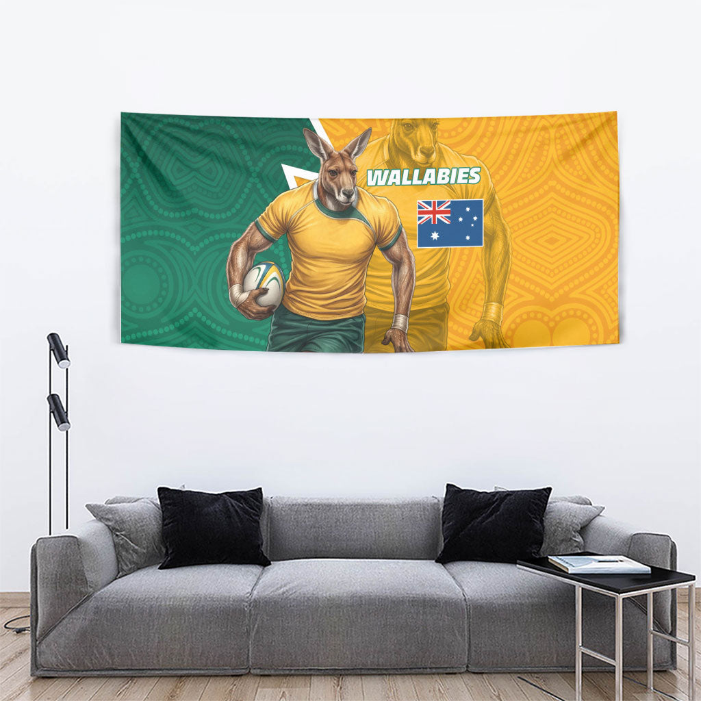 Australia Wallabies Kangaroo Tapestry Australia Flag And Lightning Bolt - Aboriginal Rugby Mascot